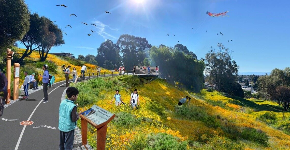 Hayward Foothill Trail concept art, showing a paved trail full of people biking, hiking, and birdwatching, along a lush hillside full of wildflowers, with birds and a kite flying through a clear sunny sky above