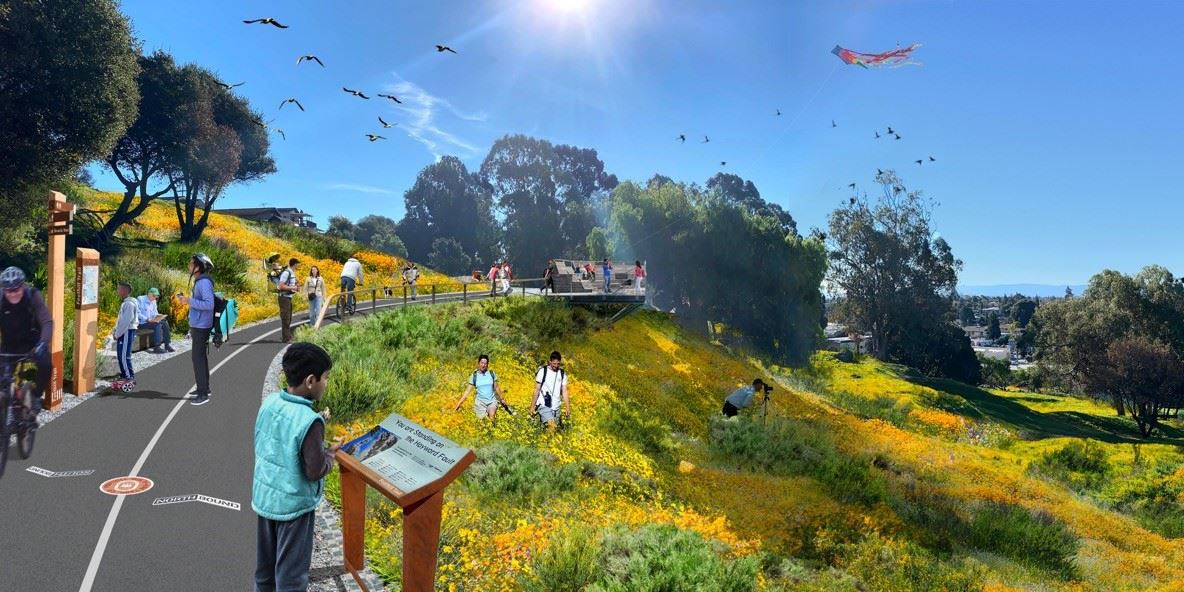 Hayward Foothill Trail concept art, showing a paved trail full of people biking, hiking, and birdwatching, along a lush hillside full of wildflowers, with birds and a kite flying through a clear sunny sky above