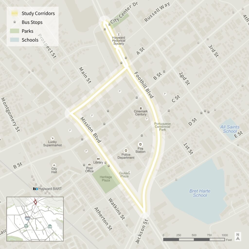Map of Downtown Hayward highlighting the Safe Streets study corridors.jpg