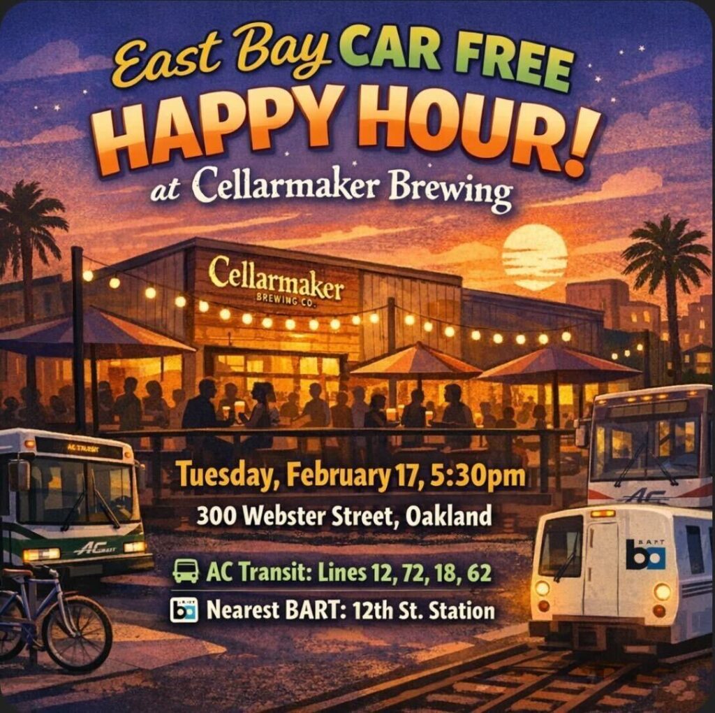 An illustrated event poster for "East Bay Car Free Happy Hour!" featuring a stylized evening scene at Cellarmaker Brewing in Oakland. The artwork has a warm, retro aesthetic with a sunset sky in shades of orange and purple. In the center, a wood-paneled building labeled "Cellarmaker Brewing Co." is decorated with string lights, with a crowd of people socializing on an outdoor patio. The text on the poster provides the following logistics: Event: East Bay Car Free Happy Hour! Location: Cellarmaker Brewing, 300 Webster Street, Oakland. Date & Time: Tuesday, February 17, 5:30pm. Transportation Info Reflecting the "Car Free" theme, the bottom of the poster features icons and illustrations for public transit: AC Transit: An illustration of a green and white bus is on the left, listing Lines 12, 72, 18, 62. BART: An illustration of a BART train is on the right, noting the Nearest BART: 12th St. Station. Biking: The front wheel of a bicycle is visible in the bottom left corner.
