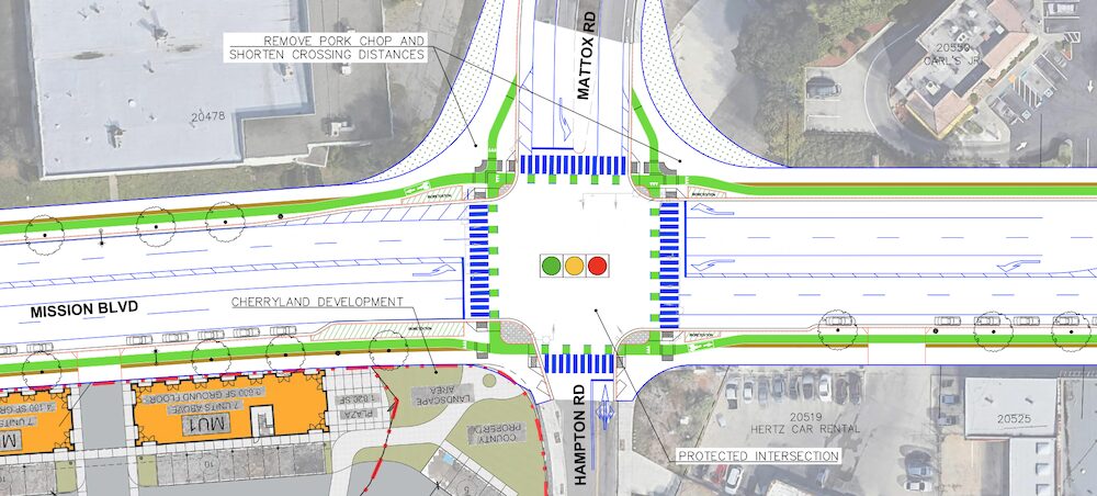 illustration of the construction plan for Mission Blvd north of Hayward, showing a protected intersection at Mattox Rd