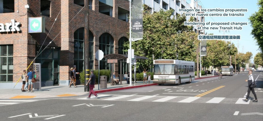 concept illustration of bus stop upgrades on 2nd Street near Broadway in Oakland
