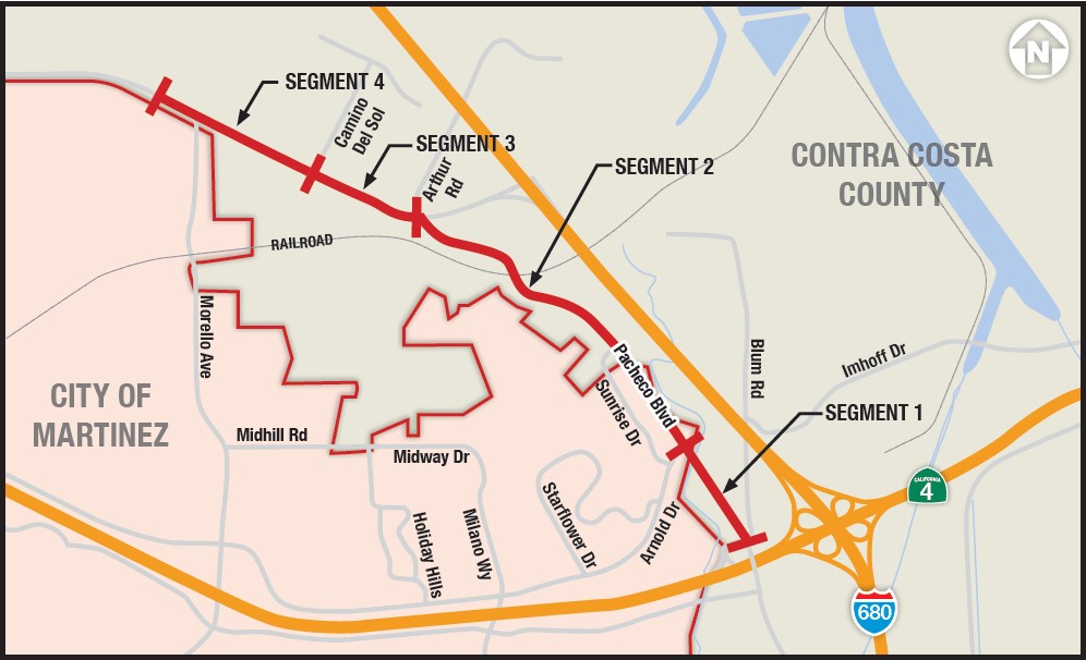 map of Pacheco Blvd between Hwy 4 and the Martinez city border