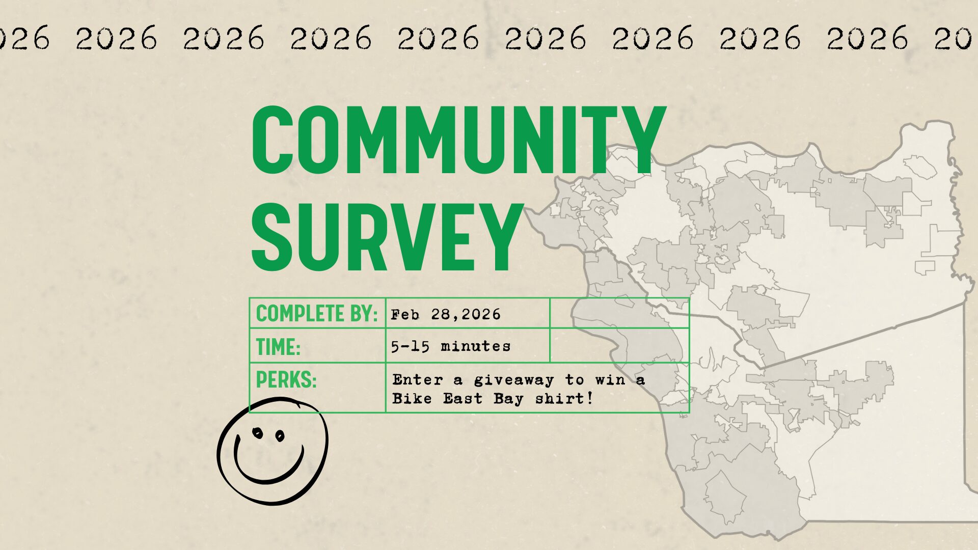 A vintage looking graphic, styled like an old library check-out card, reads "Community Survey" with a map of the East Bay.