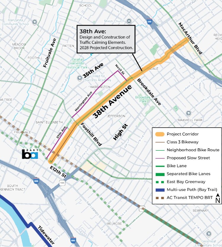 Planning map of the 38th Avenue Project Corridor in Oakland, California. It illustrates planned infrastructure improvements for traffic calming and bicycle transit within a residential and commercial area. Key Map Details Primary Project Area: A thick orange line marks the 38th Avenue Project Corridor, extending from E 12th St in the southwest to MacArthur Blvd in the northeast. Project Goal: A callout box specifies the "Design and Construction of Traffic Calming Elements" with a 2028 Projected Construction date. Bicycle & Transit Infrastructure: The map uses a color-coded legend to show various existing and proposed routes: Proposed Slow Street: A purple line running along Harrington Ave, Nevil St, and 37th Ave. Existing Transit: Includes the BART logo near Fruitvale, AC Transit TEMPO BRT (brown dashed line) on International Blvd, and the Multi-use Path (Bay Trail) in dark blue along the waterfront. Bike Routes: Various green lines indicate Class 3 Bikeways, Neighborhood Bike Routes, and Separated Bike Lanes. Surrounding Landmarks: The map identifies local neighborhoods and sites such as Brookdale Park, Peralta Hacienda Historical Park, and various schools. Major roads like Fruitvale Ave, Foothill Blvd, and High St are clearly labeled.