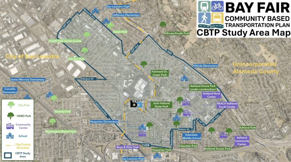 An aerial map labeled "BAY FAIR CBTP Study Area Map" and displaying various areas, with parks, schools, and community centers highlighted by green trees and blue buildings. The map features a key in the bottom left corner, distinguishing "City Parks," "HARD Parks," "Community Centers," and "Schools," alongside boundary lines for "City/County Boundaries" and the "CBTP Study Area."