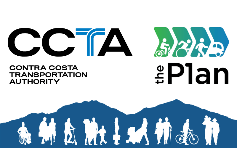 An image featuring the logo of the Contra Costa Transportation Authority (CCTA) and a secondary logo titled "the Plan." Layout and Design Top Left: The CCTA logo in bold black text, with the first "T" stylized in blue with horizontal lines. Below it reads "CONTRA COSTA TRANSPORTATION AUTHORITY" in all-caps. Top Right: The words "the Plan" in black, with "the" oriented vertically. Above this text are four blue and green chevron arrows containing white icons representing different modes of transport: a bicycle, a wheelchair, a pedestrian, and a car. Bottom: A wide silhouette of a mountain range (likely Mount Diablo) in dark blue. Superimposed against the base of the mountains is a row of white silhouettes representing a diverse community, including a person in a wheelchair, a person on a scooter, a family with a child, a parent with a stroller, seniors, and a cyclist.