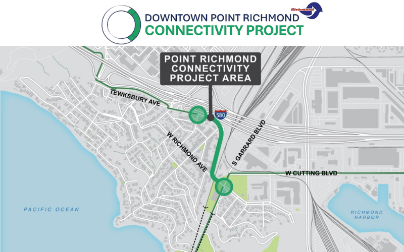 Downtown Point Richmond Connectivity Project logo on top with a map of the area below