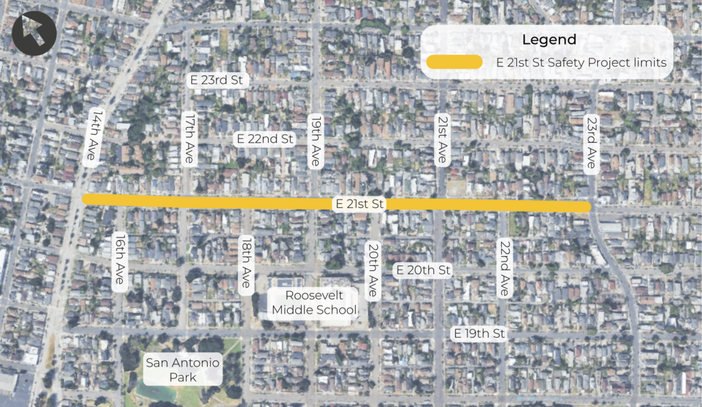 An aerial satellite map of detailing the geographic boundaries of the E 21st St Safety Project in Oakland.