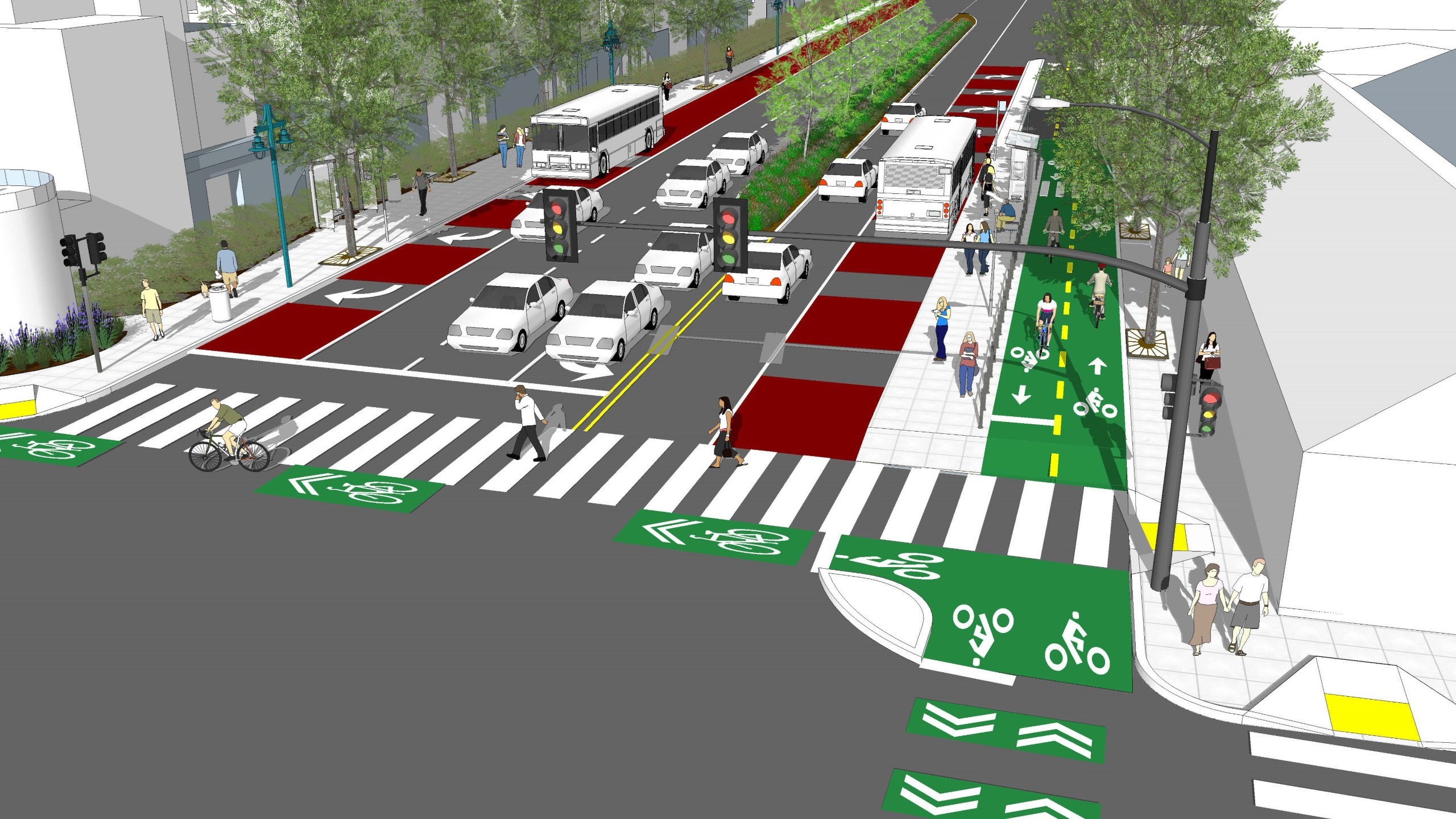 concept illustration of Emeryville's 40th Street project showing red dedicated bus lanes and a bus boarding island next to a protected 2-way cycletrack on one side of the street