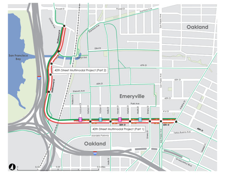 map of the project area for Emeryville's 40th Street / Shellmound Ave cycletrack and bus lanes project