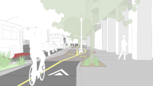 illustration of a 2-way cycletrack running behind a sidewalk-level paratransit pick up zone on 40th Street in Emeryville