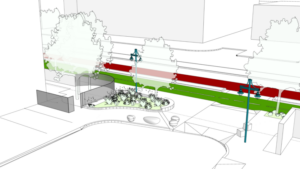 illustration of a 2-way cycletrack running alongside a side street car diverter plaza on 40th Street in Emeryville