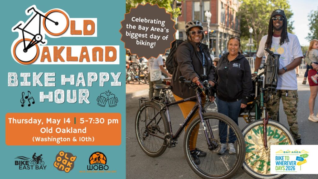 A teal and orange flyer with a photo of 3 smiling people standing with their bikes in Old Oakland. Info shares details about a block party happening May 14 in Old Oakland.