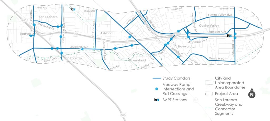 A map displays a project area enclosed by a dashed gray oval, covering parts of San Leandro, Ashland, Cherryland, San Lorenzo, Hayward, and Castro Valley. Major freeways, including I-880, I-580, and SR-238, are shown as light gray lines passing through the region.