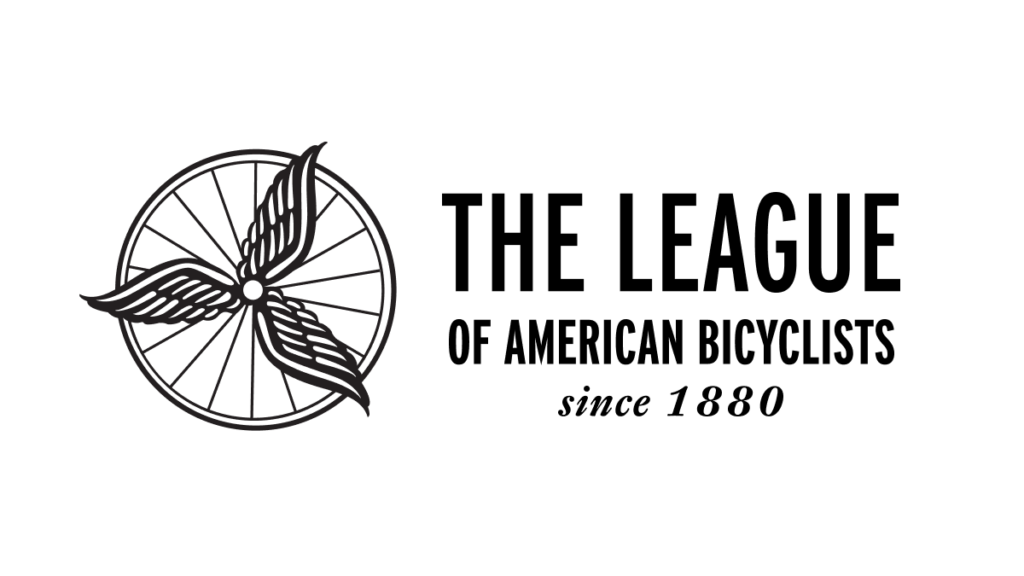 Logo for The League of American Bicyclists. On the left is a black-and-white graphic featuring a bicycle wheel with three stylized, feathered wings radiating from the center hub. To the right, the text reads "THE LEAGUE" in a large, bold, sans-serif font. Below it, in a slightly smaller weight, are the words "OF AMERICAN BICYCLISTS." At the bottom, the phrase "since 1880" is written in a smaller, elegant serif italics. The entire logo is set against a clean white background.