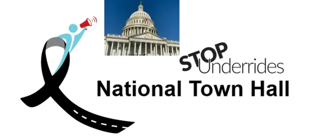 A logo for the "STOP Underrides National Town Hall." Images feature several distinct elements: A black memorial ribbon on the left that doubles as a road, complete with a dashed white center line. A light blue stylized figure emerging from the top of the ribbon, holding a red megaphone as if making an announcement. The U.S. Capitol Building in a small rectangular photo at the top center. Bold black text on the right that reads "STOP Underrides National Town Hall," with the word "STOP" appearing slightly tilted and "Underrides" in a thinner font.