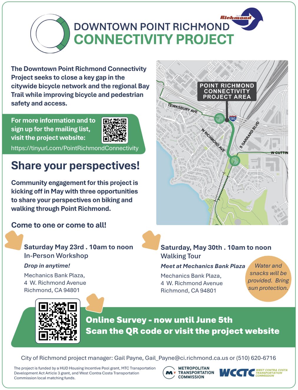 The Downtown Point Richmond Connectivity Project seeks to close a key gap in the citywide bicycle network and the regional Bay Trail while improving bicycle and pedestrian safety and access.