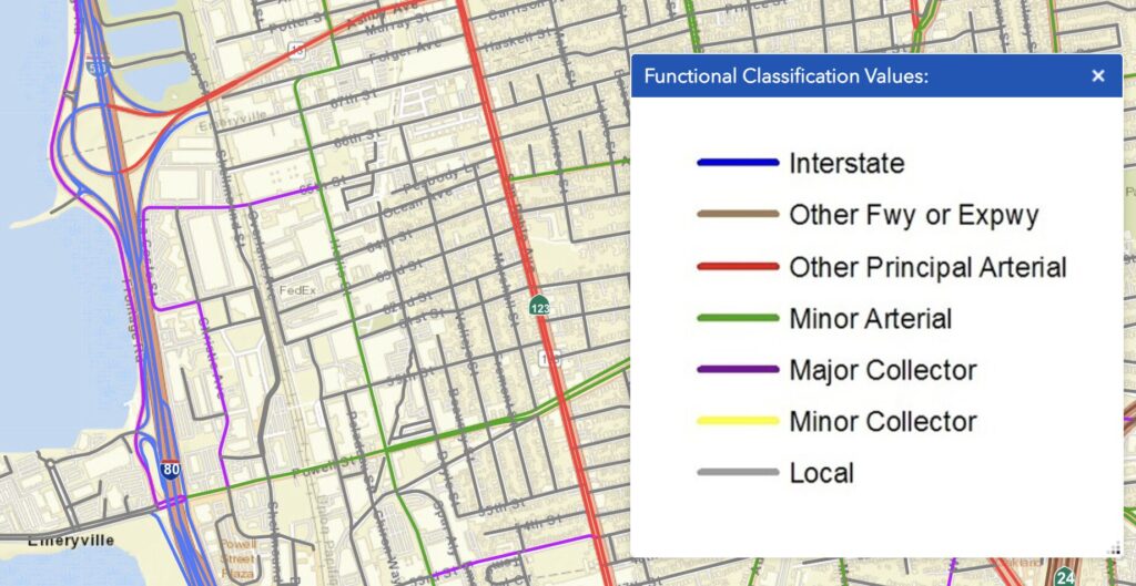 map of Emeryville with streets shown using different colored lines meaning different classifications "Functional Classification Values: • Interstate Other Fwy or Expwy • Other Principal Arterial — Minor Arterial • Major Collector Minor Collector • Local"