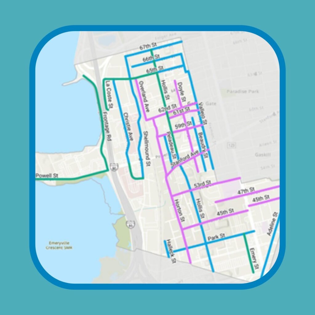"City of Emeryville Speed Limit 25 MPH and Under Adopted Since AB 43" Map of Emeryville showing speed limit reductions across town