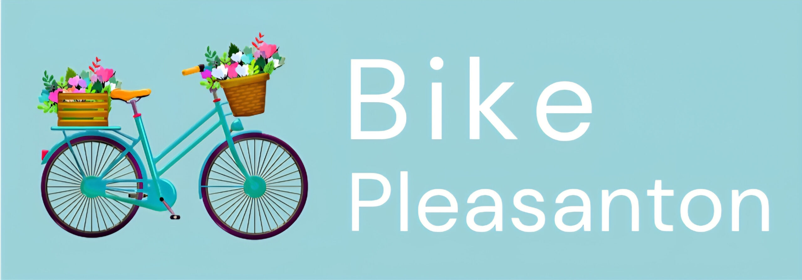 "Bike Pleasanton" illustration of a bicycle with front and rear baskets full of flowers