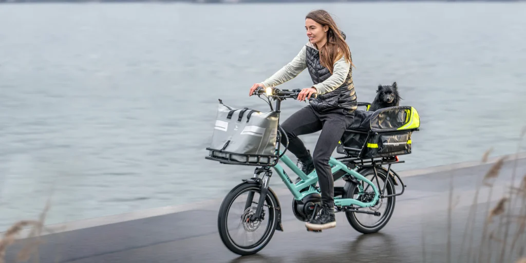 A woman rides the HSD P10 (Gen 2) e-bike from Tern, with her dog in a carrier on the back.
