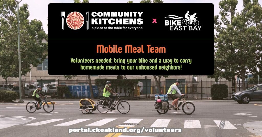 3 people in high-vis vests ride their bikes, and carry meals through Oakland to deliver to anybody in need.