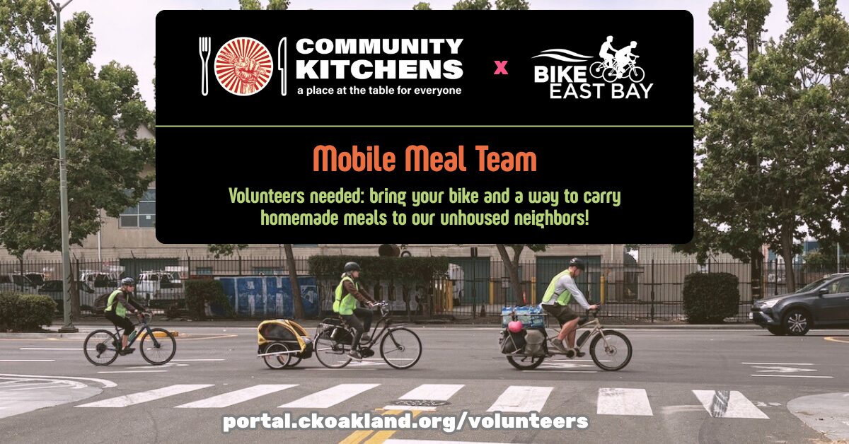 3 people in high-vis vests ride their bikes, and carry meals through Oakland to deliver to anybody in need.