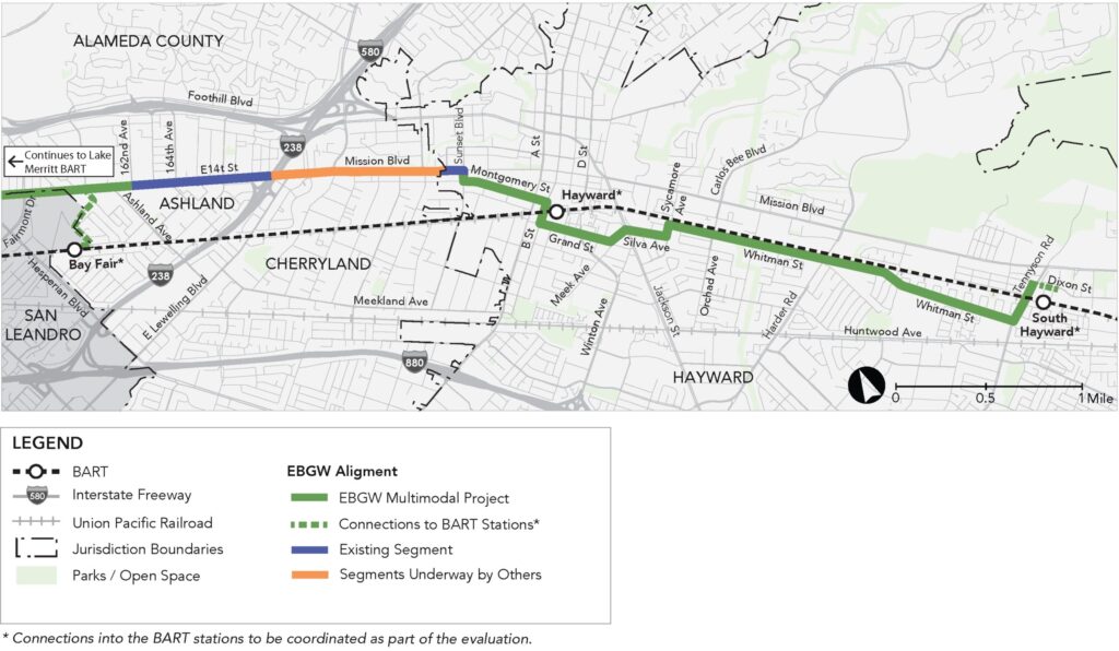 map of proposed East Bay Greenway alignment through Hayward on Montgomery, Grand St, Silvia Ave, and Whitman St