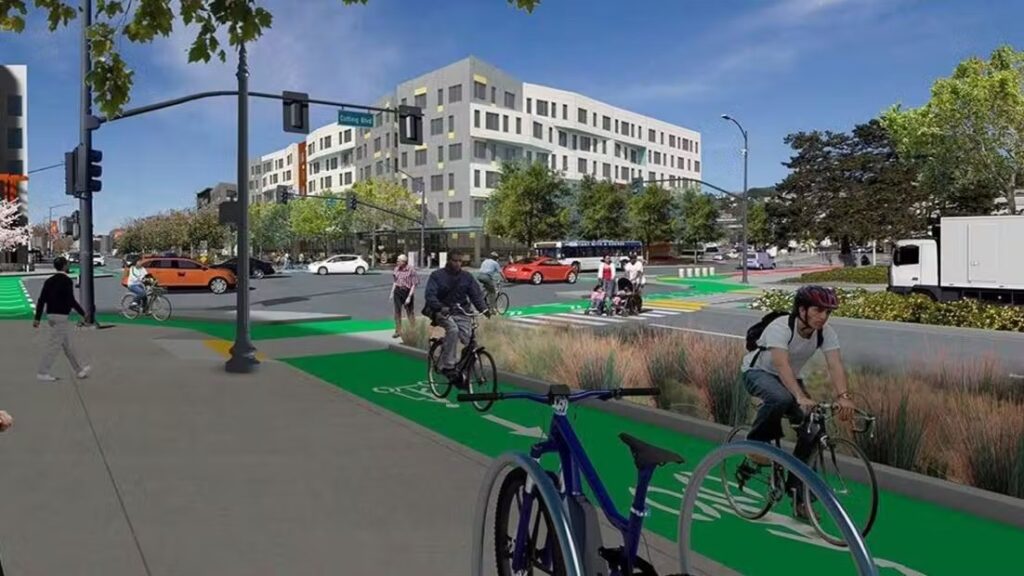 concept illustration of a green curbside bikeway next to a wide sidewalk, protected by landscaped rain gardens