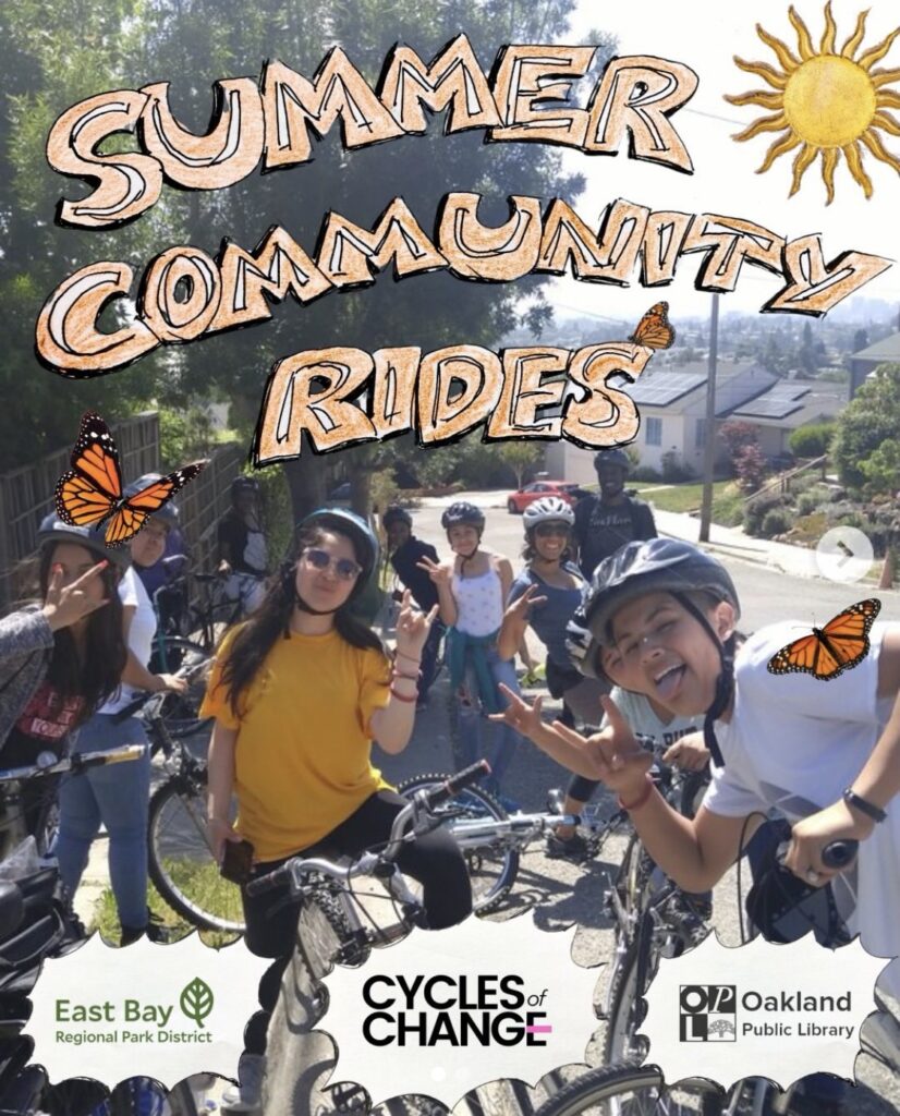 Cycles of Change Summer Community Rides graphic with EBRPD, Cycles of Change, Oakland Public Library logo
