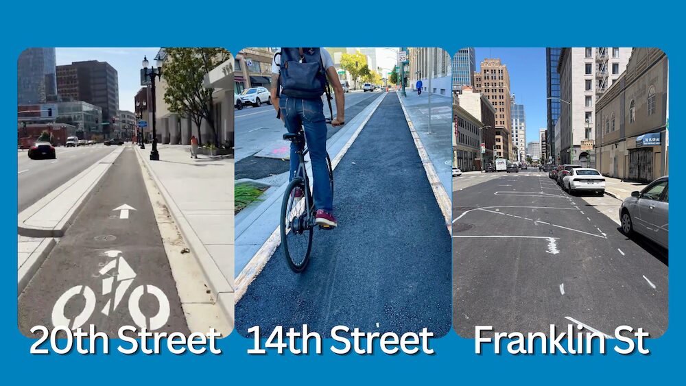 photos of protected bikeway construction in Oakland on 20th St, 14th St, and Franklin St