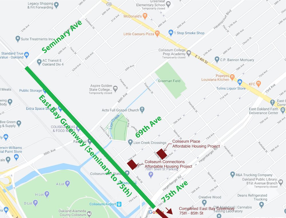 Map of the Oakland East Bay Greenway phase 2 segment along San Leandro St from 75th Ave to Seminary Ave