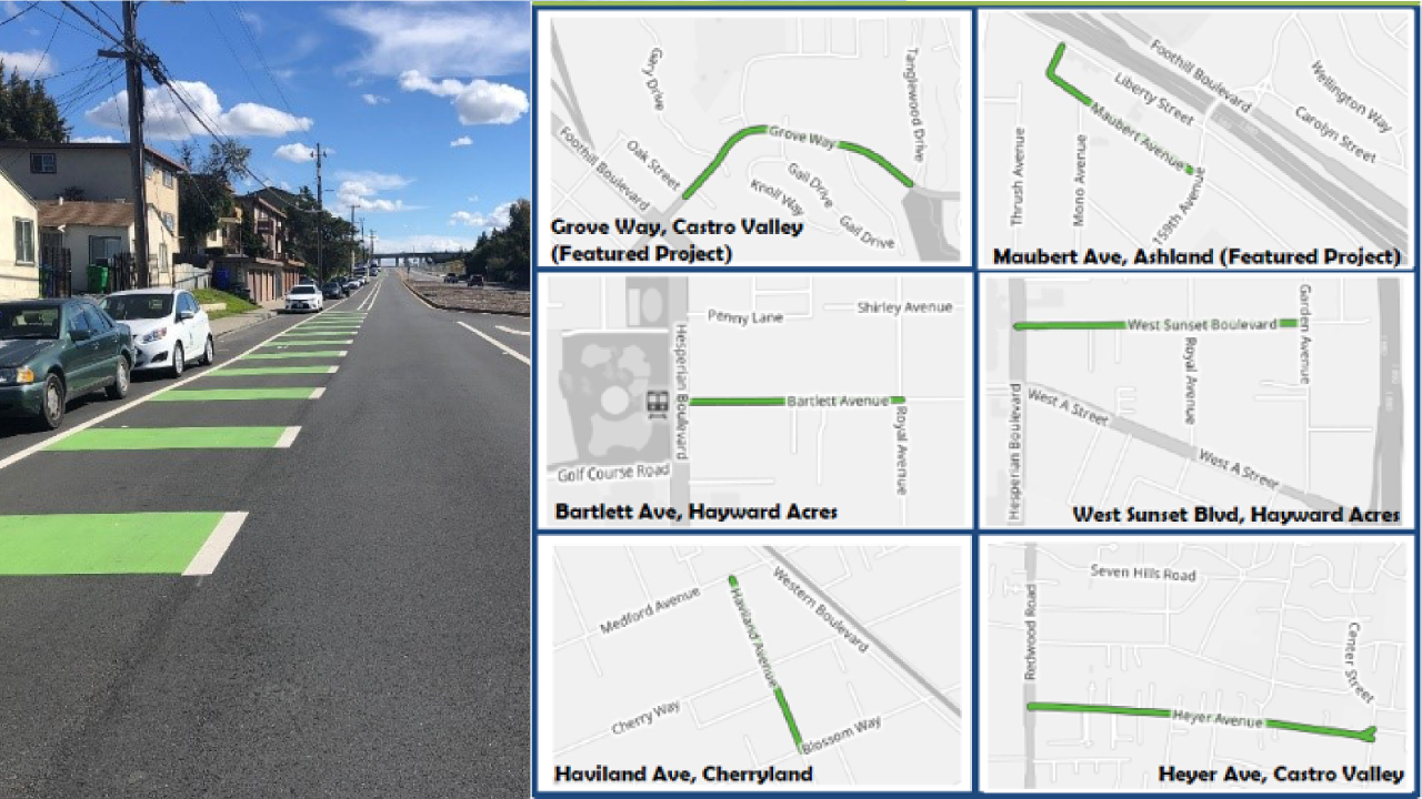 photo of a green painted bike lane next to curbside parked cars "Grove Way, Castro Valley (Featured Project) Maubert Ave, Ashland (Featured Project) Bartlett Ave, Hayward Acres West Sunset Blud, Hayward Acres Haviland Ave, Cherryland Heyer Ave, Castro Valley"