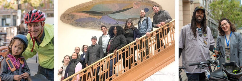 photo of Oakland bike/walk commission members posing along a City Hall stairwell