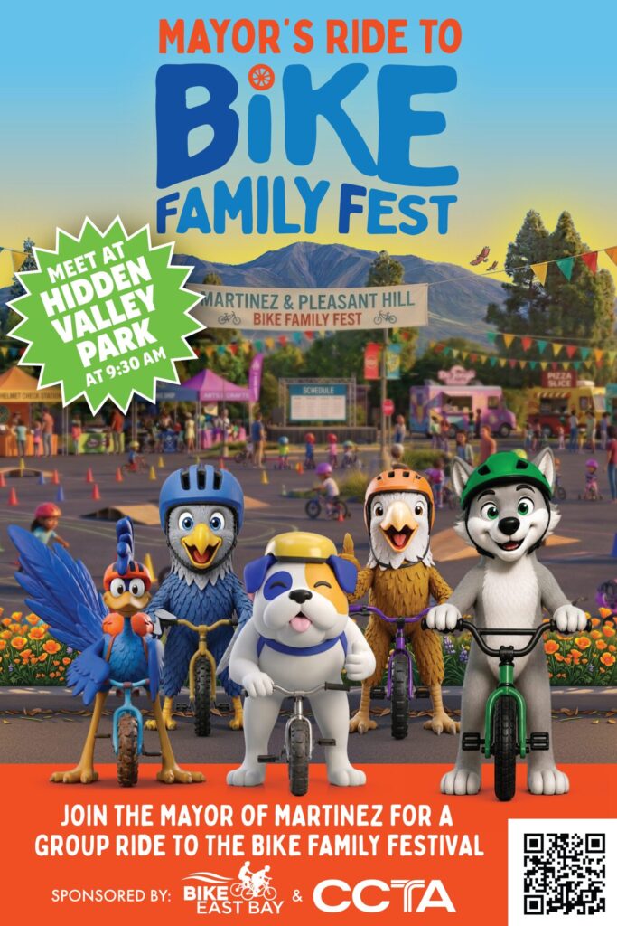 An event poster for "Mayor's Ride to Bike Family Fest." The top features large, playful text reading "MAYOR'S RIDE TO BIKE FAMILY FEST" against a bright blue sky. On the left, a green starburst reads "MEET AT HIDDEN VALLEY PARK AT 9:30 AM." The center of the image shows a line of five animated animal characters on bicycles: a blue roadrunner, a blue eagle, a white and brown bulldog, an orange eagle, and a gray wolf—all wearing bicycle helmets. Behind them is a lively, sunlit park setting filled with people, food trucks, and a bike course, with mountains in the background under a banner that reads "MARTINEZ & PLEASANT HILL BIKE FAMILY FEST." The bottom section has a bright orange background with white text that reads: "JOIN THE MAYOR OF MARTINEZ FOR A GROUP RIDE TO THE BIKE FAMILY FESTIVAL." Below this, logos for "SPONSORED BY: BIKE EAST BAY & CCTA" are displayed next to a QR code in the bottom right corner that links to https://walknrolltoschool.org/bff/