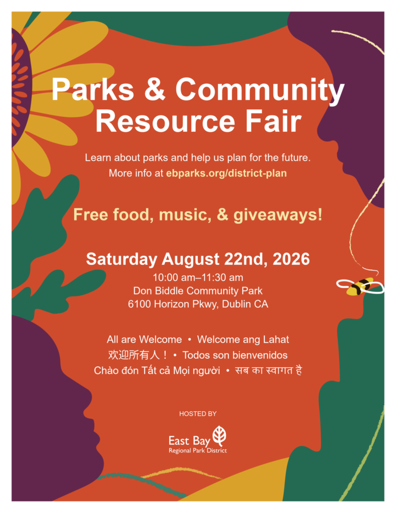 Event flyer for the Parks & Community Resource Fair on Saturday, August 22nd, 2026, from 10:00 am to 11:30 am at Don Biddle Community Park in Dublin, CA. Hosted by East Bay Regional Park District.