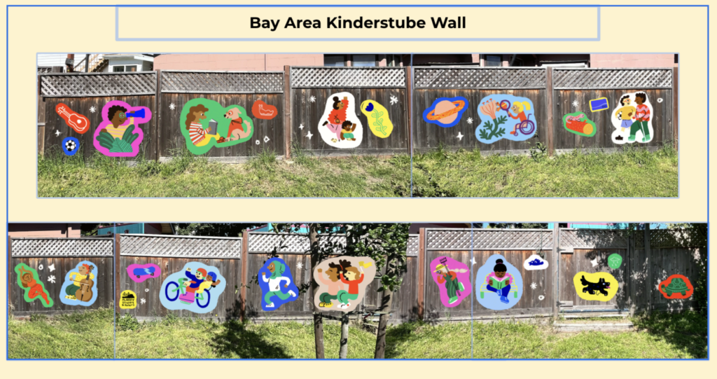concept illustration of a colorful mural along a long fence depicting children and animals engaging in various fun activities