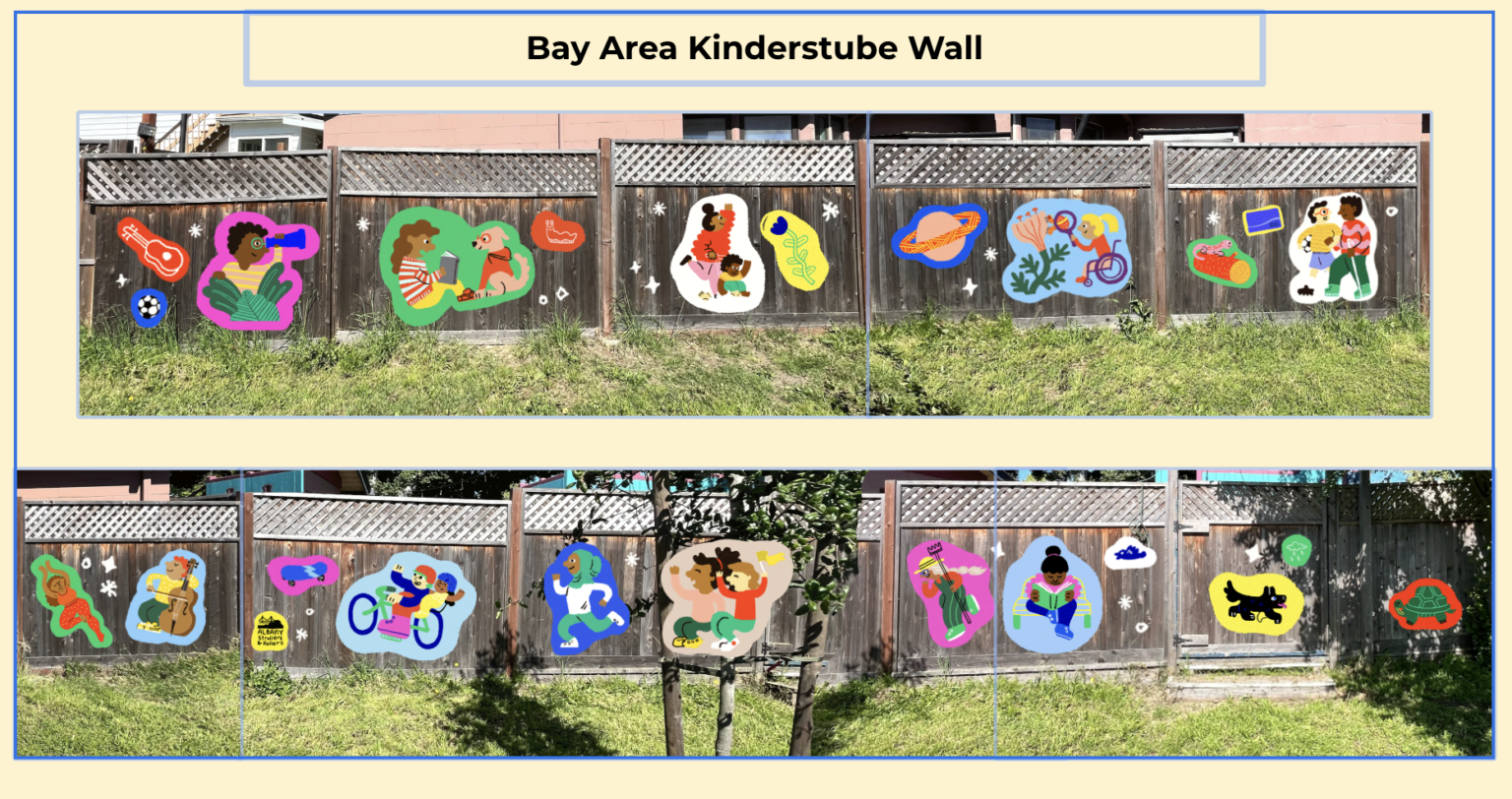 concept illustration of a colorful mural along a long fence depicting children and animals engaging in various fun activities