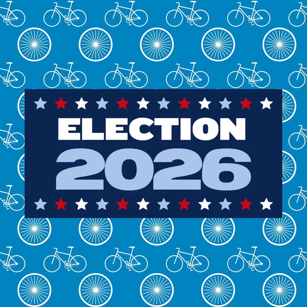text: "election 2026" with multicolor stars above and below, on a background of bicycles and bike wheel silhouettes