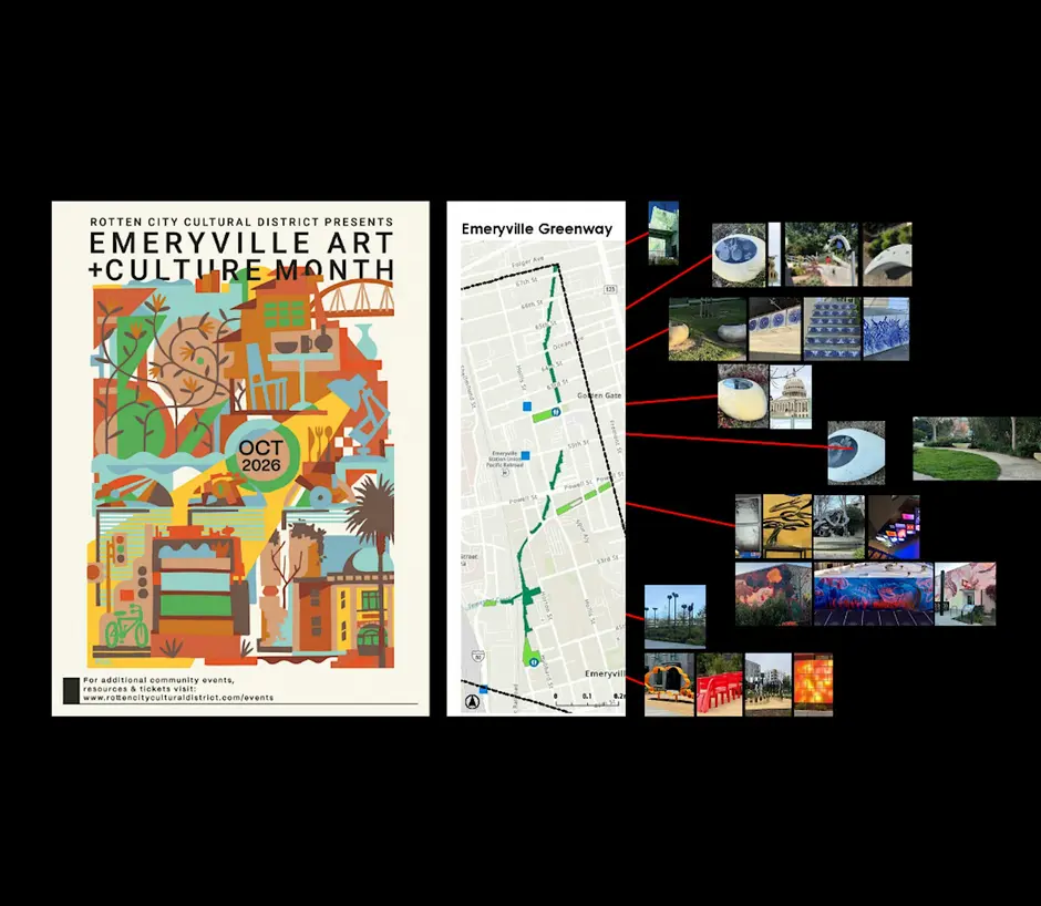 This graphic is a promotional poster and map for Emeryville Art + Culture Month, scheduled for October 2026, presented by the Rotten City Cultural District.