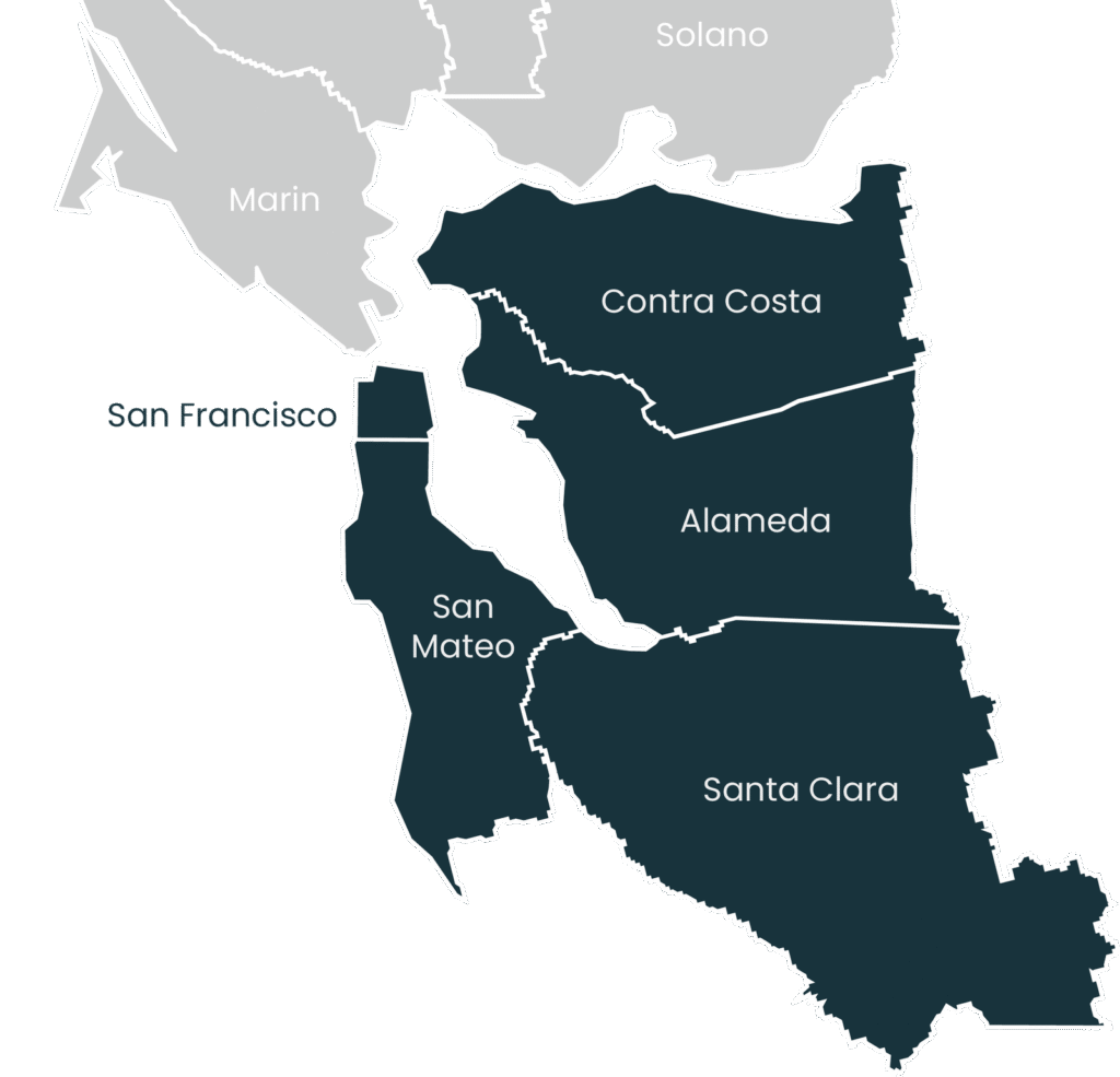 map of the Bay Area showing the 5 Measure RTM counties highlighted