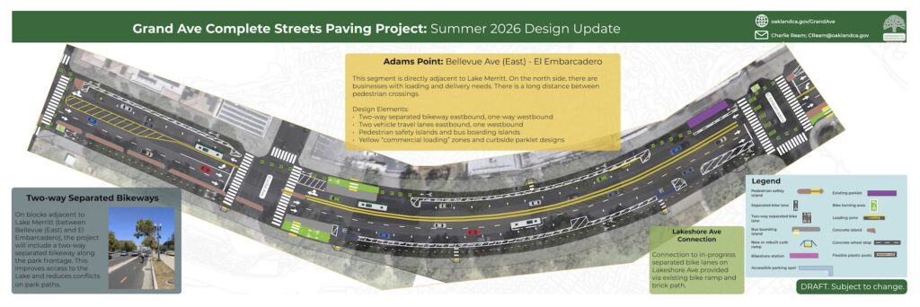 illustration of Grand Ave protected bikeway design proposal in Oakland, from Euclid Ave to El Embarcadero