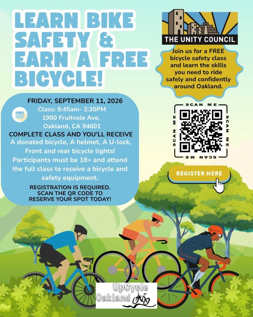 Flyer for "Learn Bike Safety & Earn a Free Bicycle!" on Friday, September 11, 2026, hosted by The Unity Council and UpCycle Oakland.