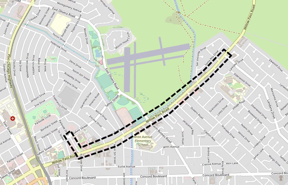 Map highlighting a project on Willow Pass Rd in Concord