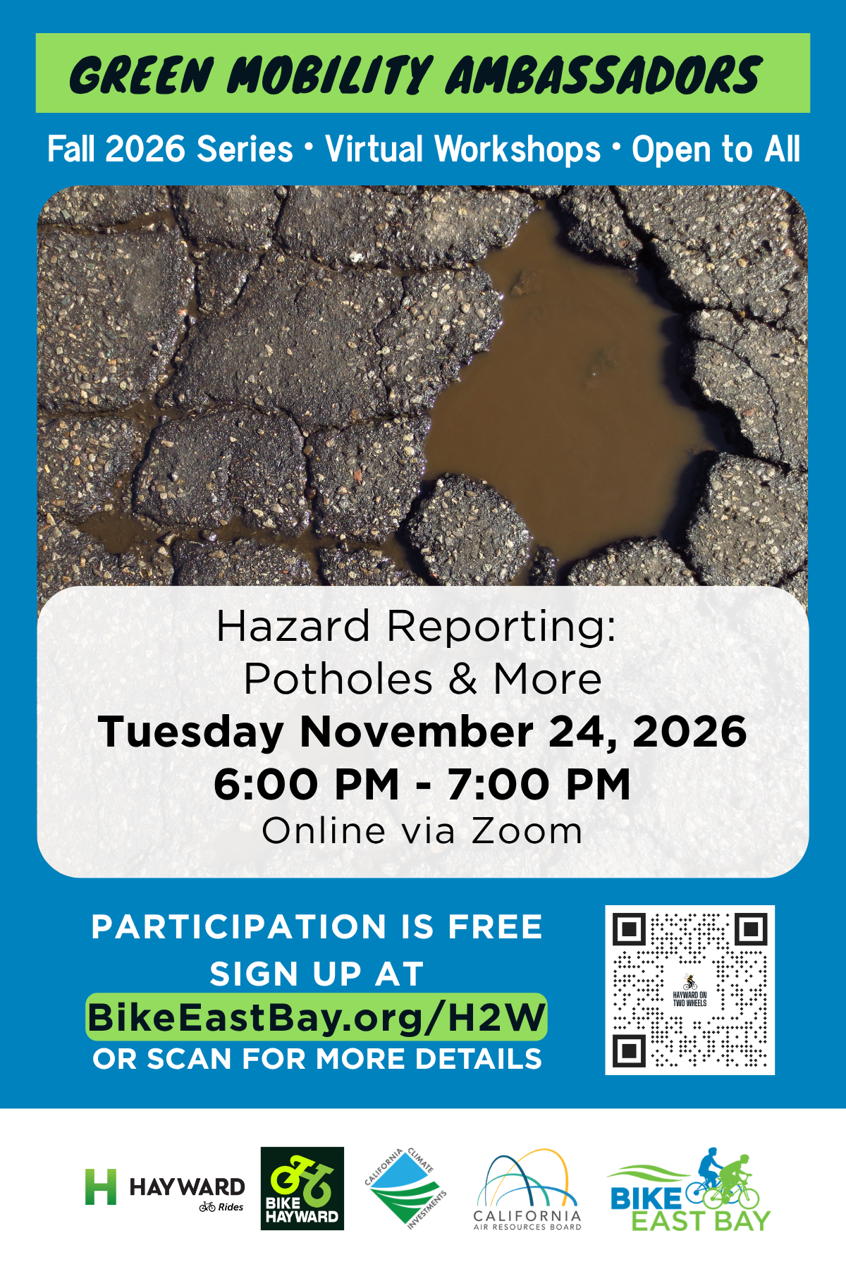 Promotional flyer for a free Green Mobility Ambassadors virtual workshop titled "Hazard Reporting: Potholes & More" on Tuesday, November 24, 2026, from 6:00 PM to 7:00 PM via Zoom